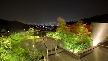 Um jardim no terraço com guarda-corpo de vidro, uma piscina pequena e vista para a cidade à noite.