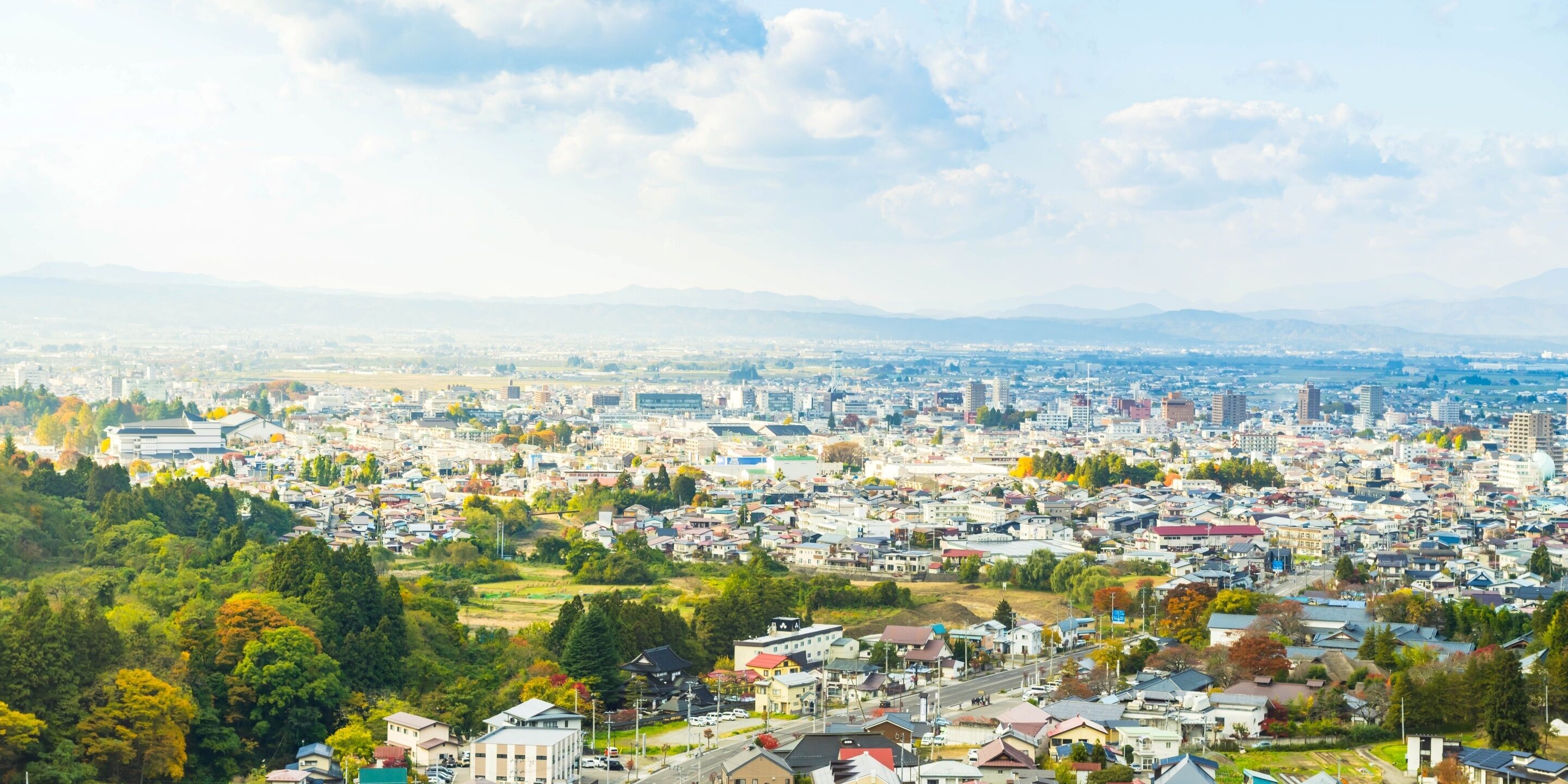 A cityscape with a mix of residential and commercial buildings, a prominent bridge, and a distant mountain range.