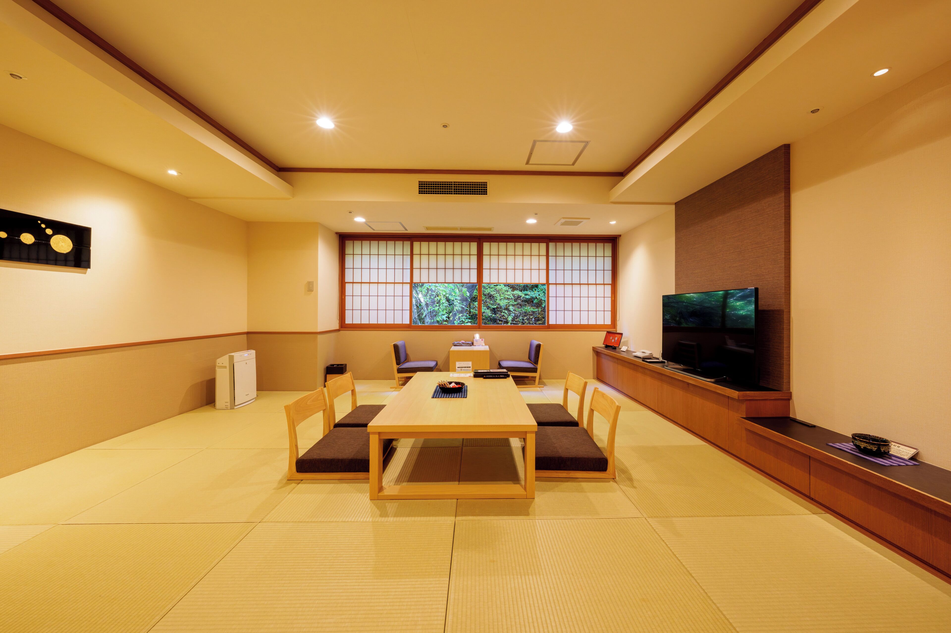 A room with a tatami mat floor, a low table with cushions, a television on a stand, and a large window with a view of greenery.