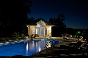 Seasonal outdoor pool, pool loungers