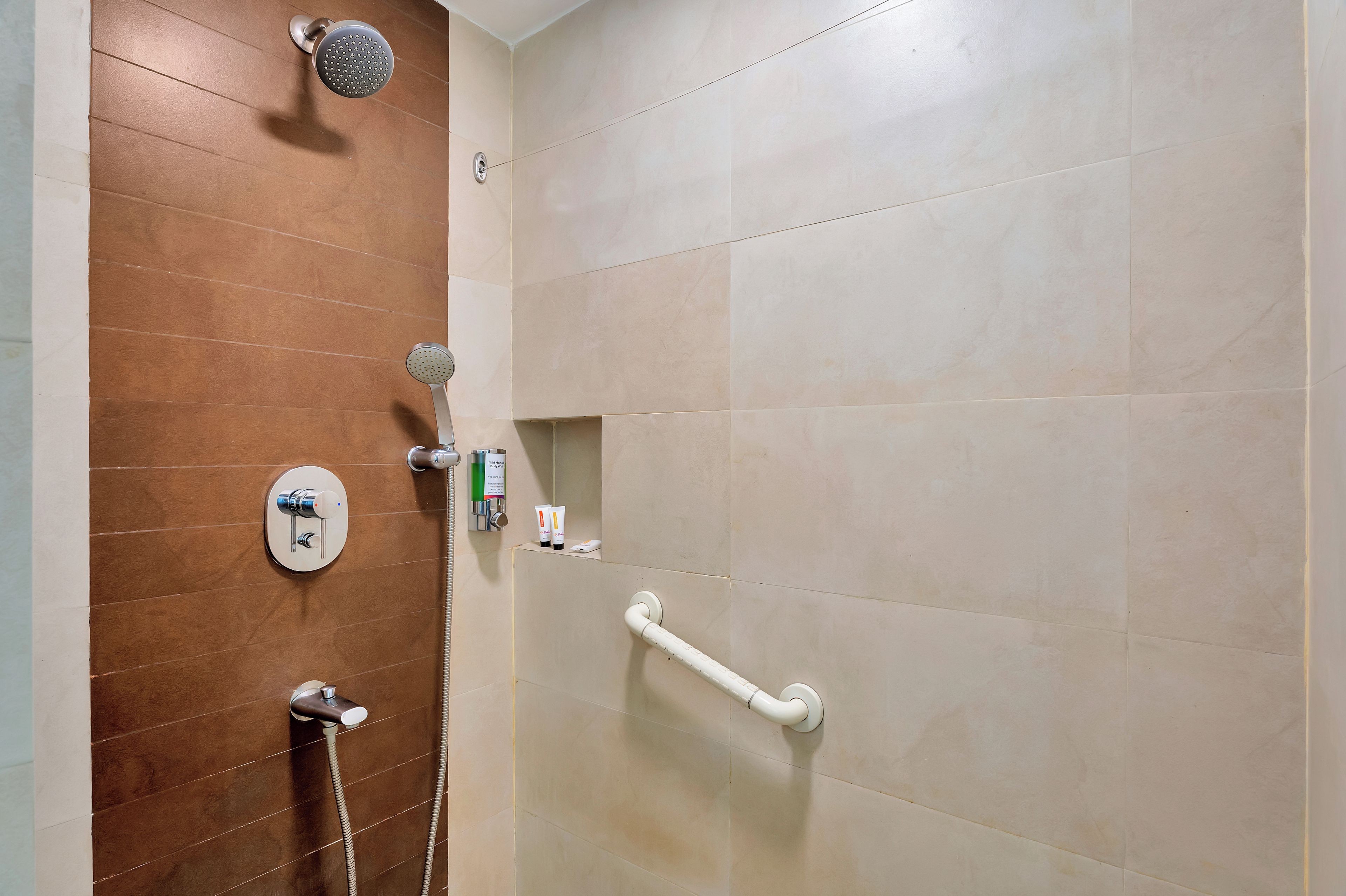 A shower area with a handheld showerhead, a wall-mounted control panel, and a grab bar.