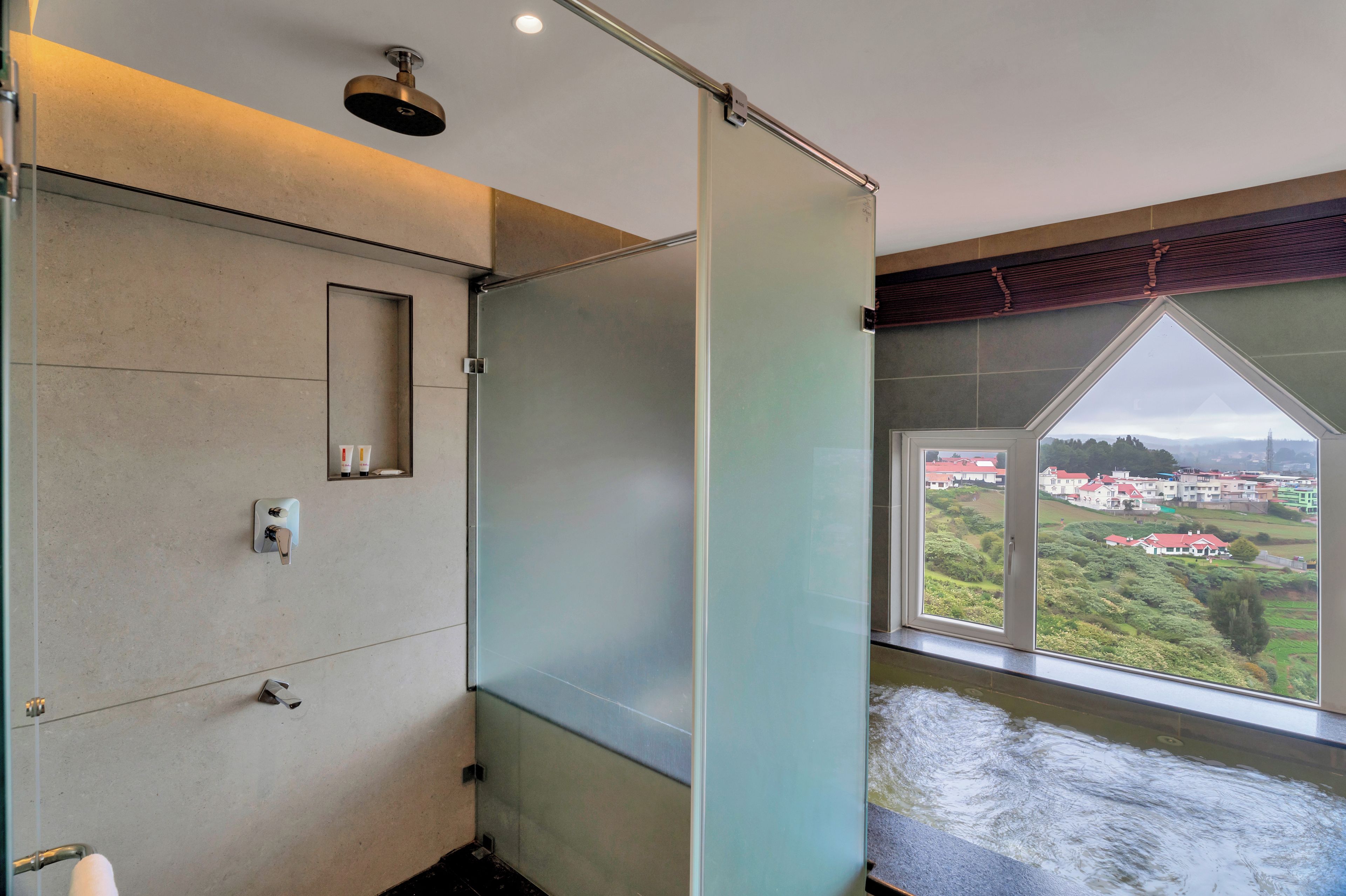 A bathroom with a shower, a mirror, and a window with a view of houses.
