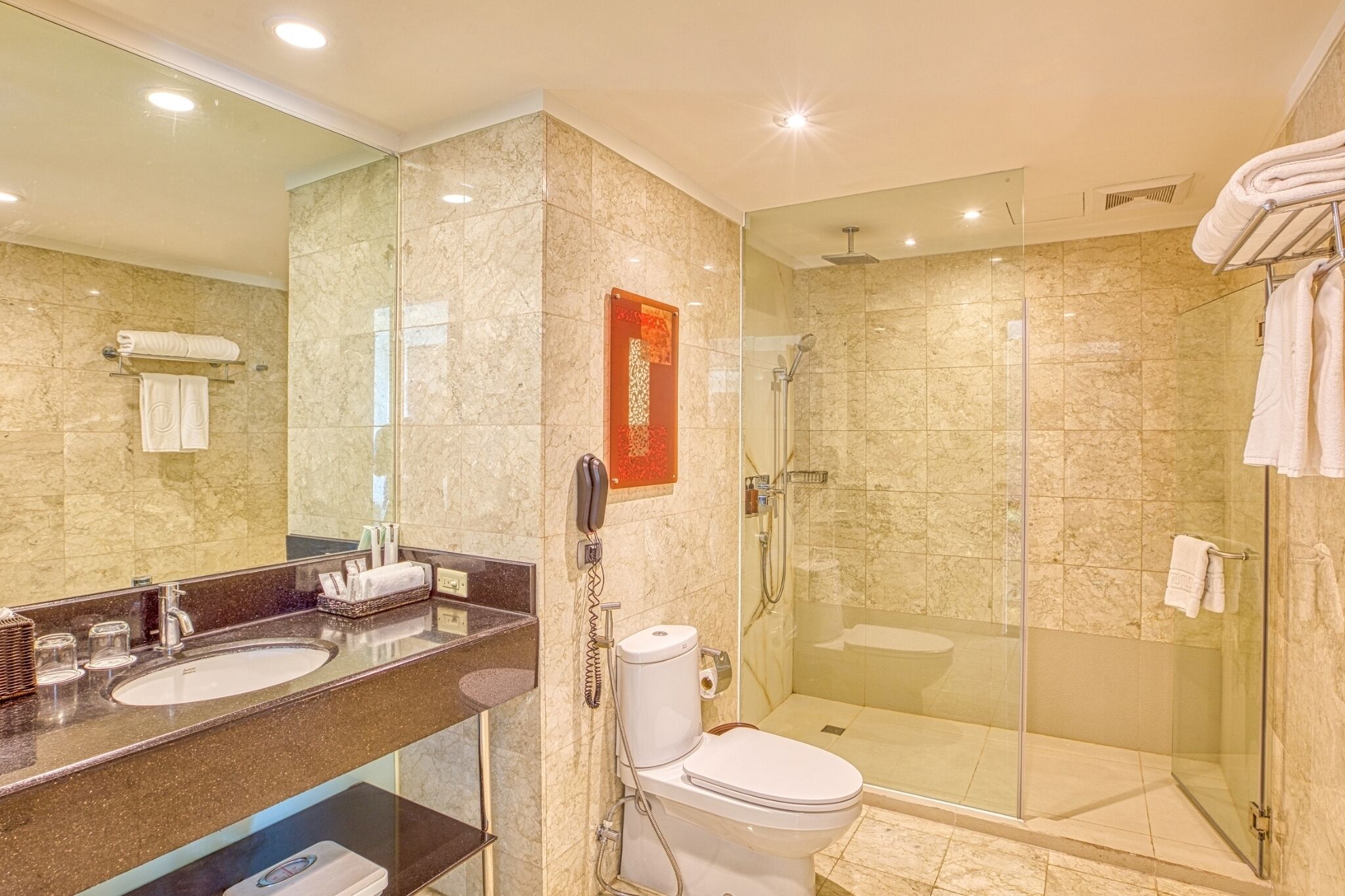A modern bathroom with a marble sink, a glass shower enclosure, and a toilet.