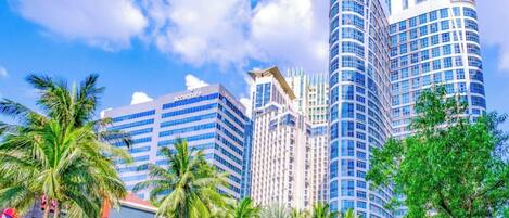 A modern high-rise building with a curved facade, surrounded by palm trees and other greenery.