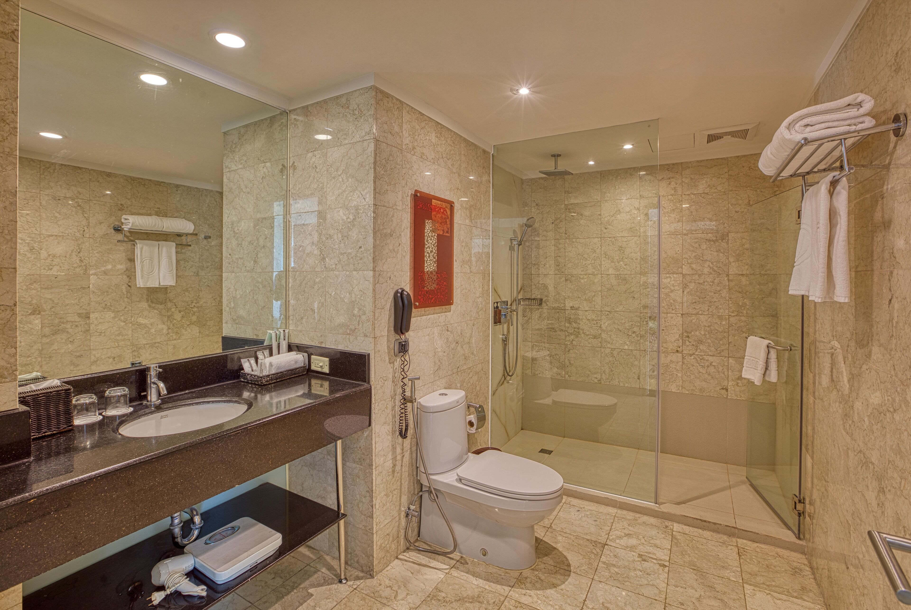 A modern bathroom with two sinks, a toilet, and a glass-enclosed shower.