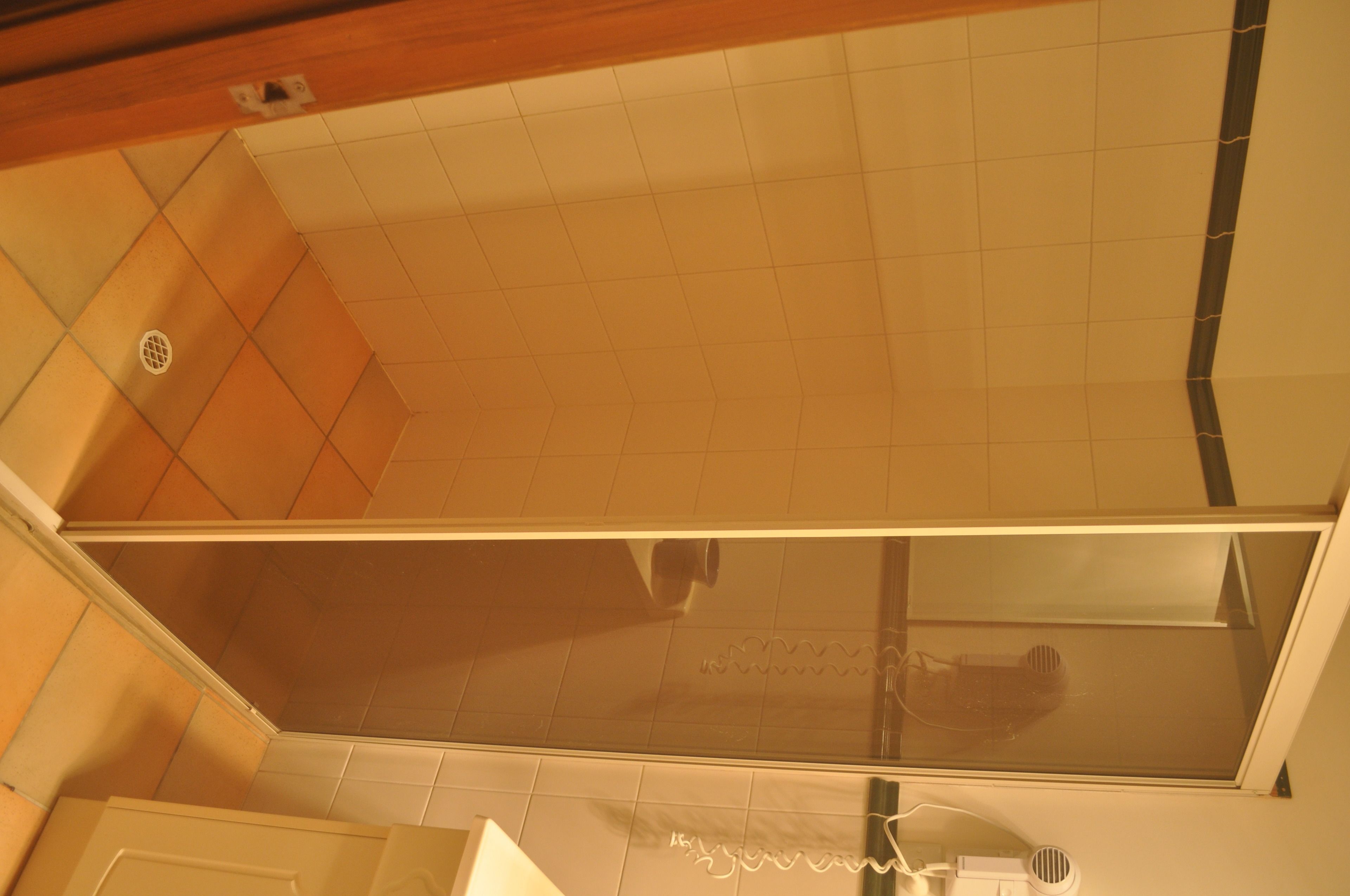 Een badkamer met betegeld plafond, een douchegedeelte en een zichtbare stopcontact.