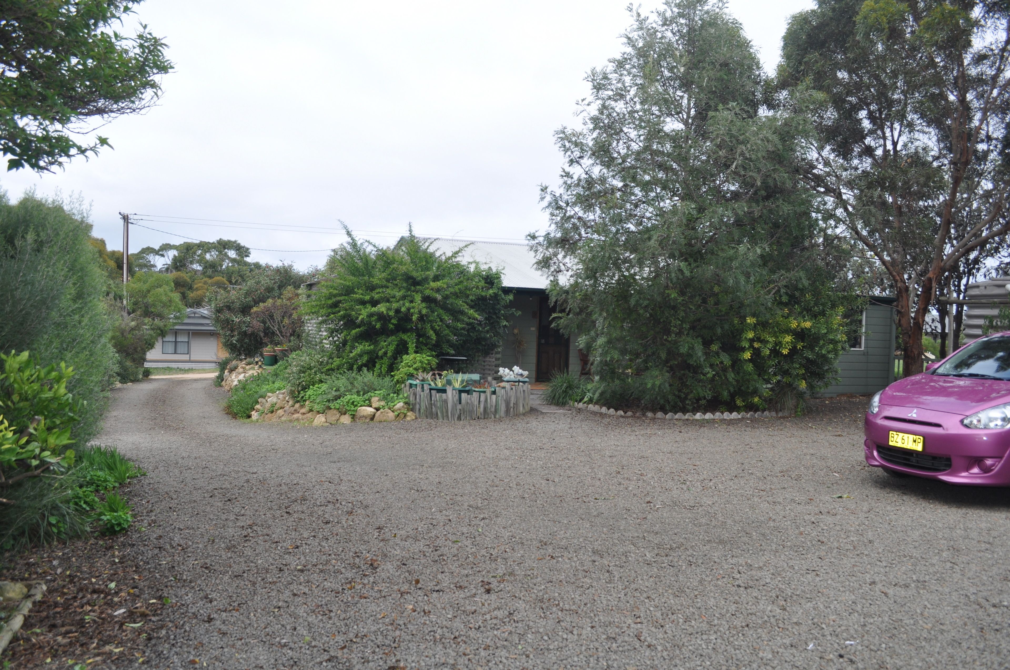 A gravel driveway leading to a house with a purple car parked on the right.