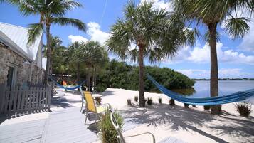 Private beach, sun-loungers, windsurfing, kayaking