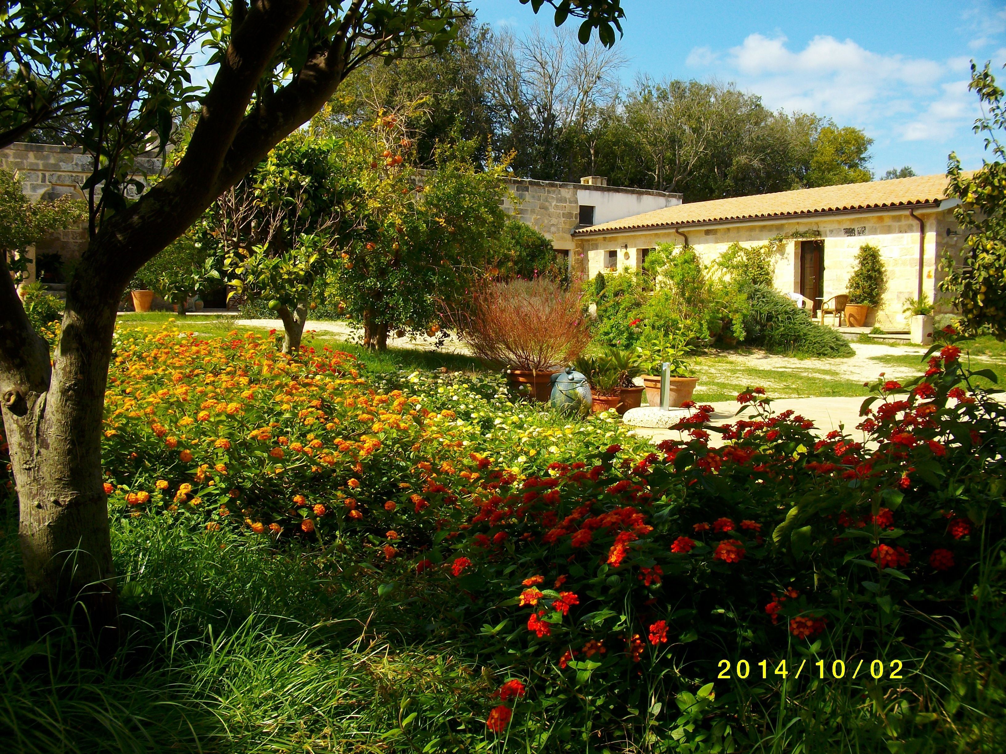 A garden with a variety of flowers and a building with a tiled roof.