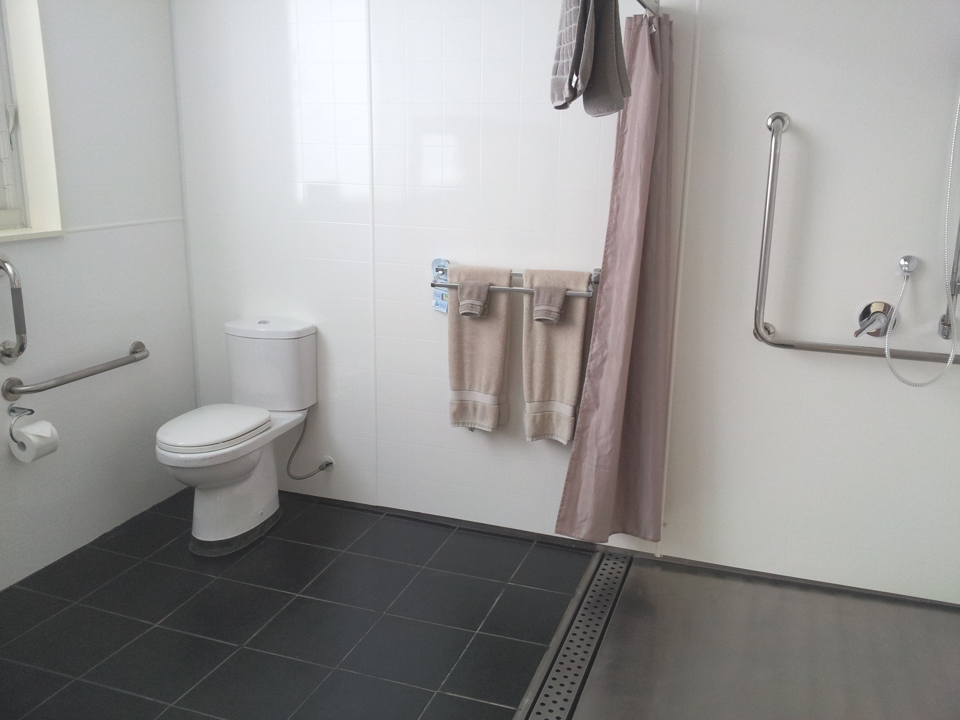 Een badkamer met toilet, handgrepen, een douchegedeelte en een handdoekrek.