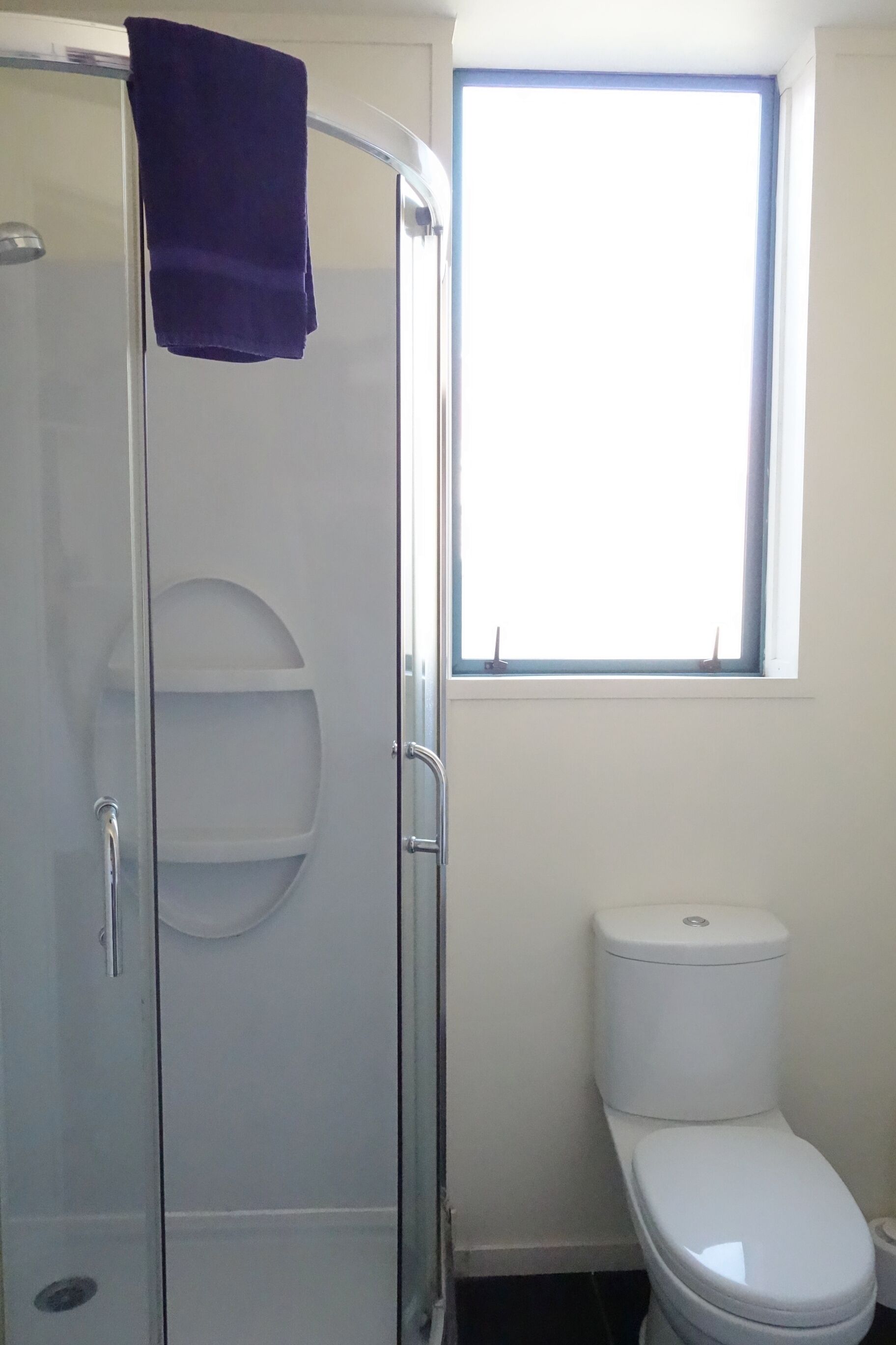 Une salle de bain avec une douche à parois de verre, des toilettes blanches et une fenêtre laissant entrer la lumière naturelle.