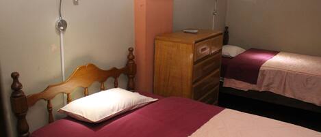 A bedroom with two beds, a wooden dresser, a mirror, and a wall-mounted shower.