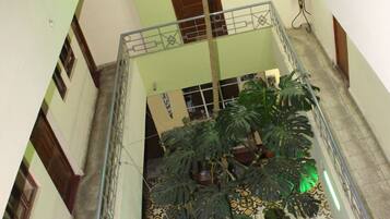 A multi-level atrium with a central staircase, surrounded by potted plants and a patterned floor.