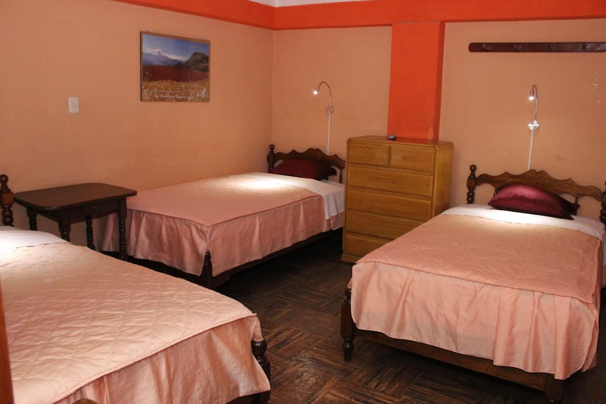 A room with two beds, a wooden dresser, and a desk.