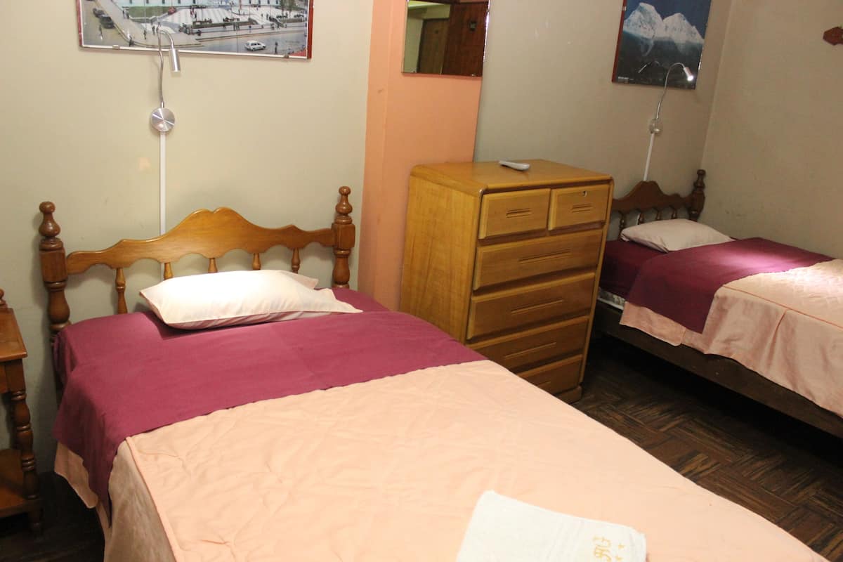 A room with two beds, wooden headboards, a wooden dresser, and a mirror on the wall.