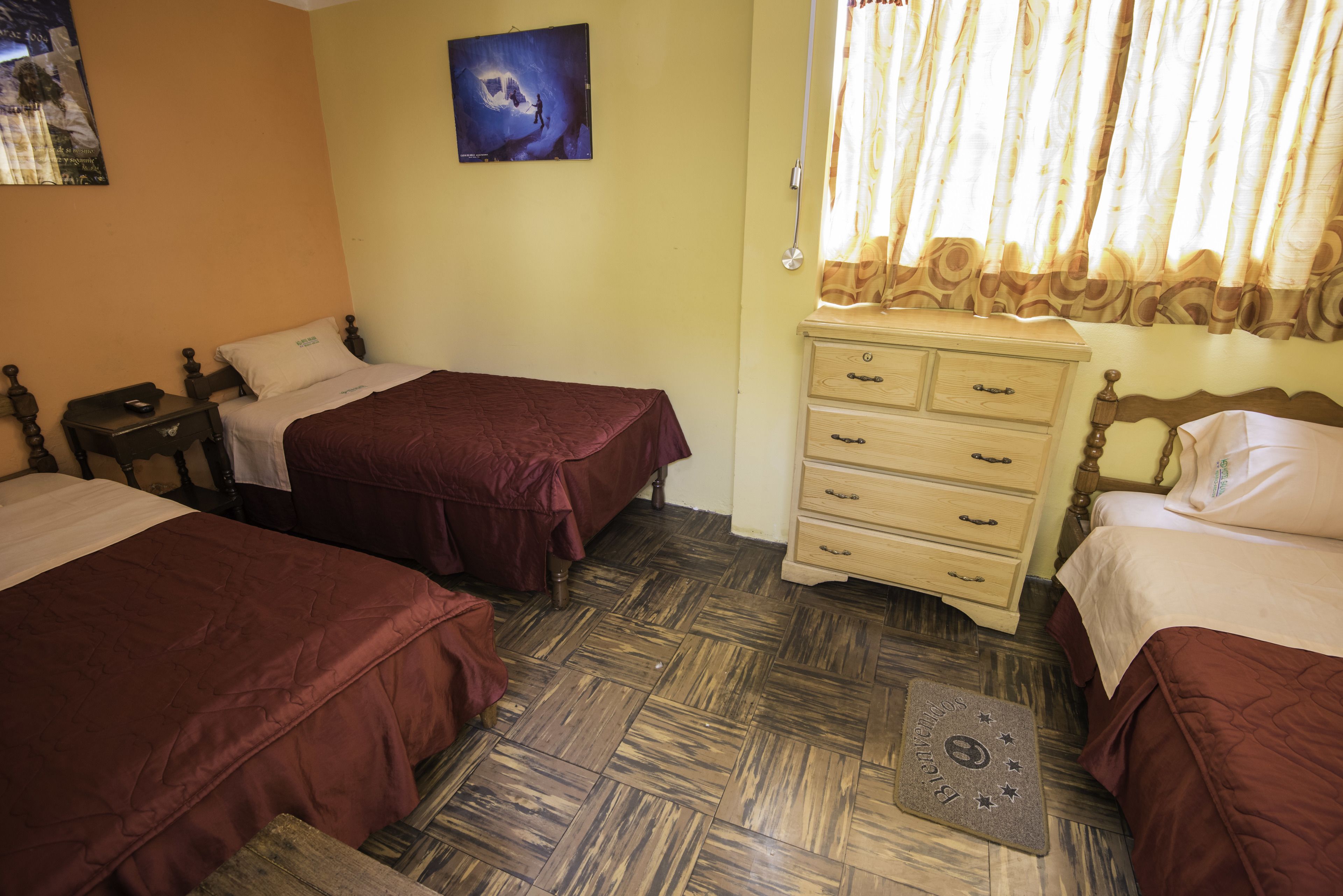 Une chambre avec deux lits, une commode en bois, une table de chevet et un tableau accroché au mur.