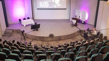 An auditorium with rows of seats, a stage with a screen displaying "WHISKER BLUES", and a few chairs on the stage.