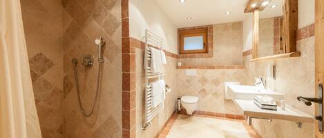 Une salle de bain avec douche, toilettes et lavabo.