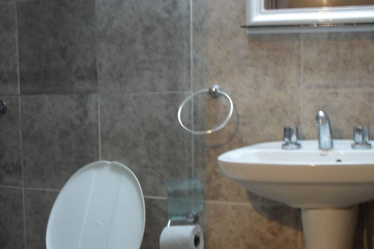 A bathroom with a toilet, sink, and a trash bin.