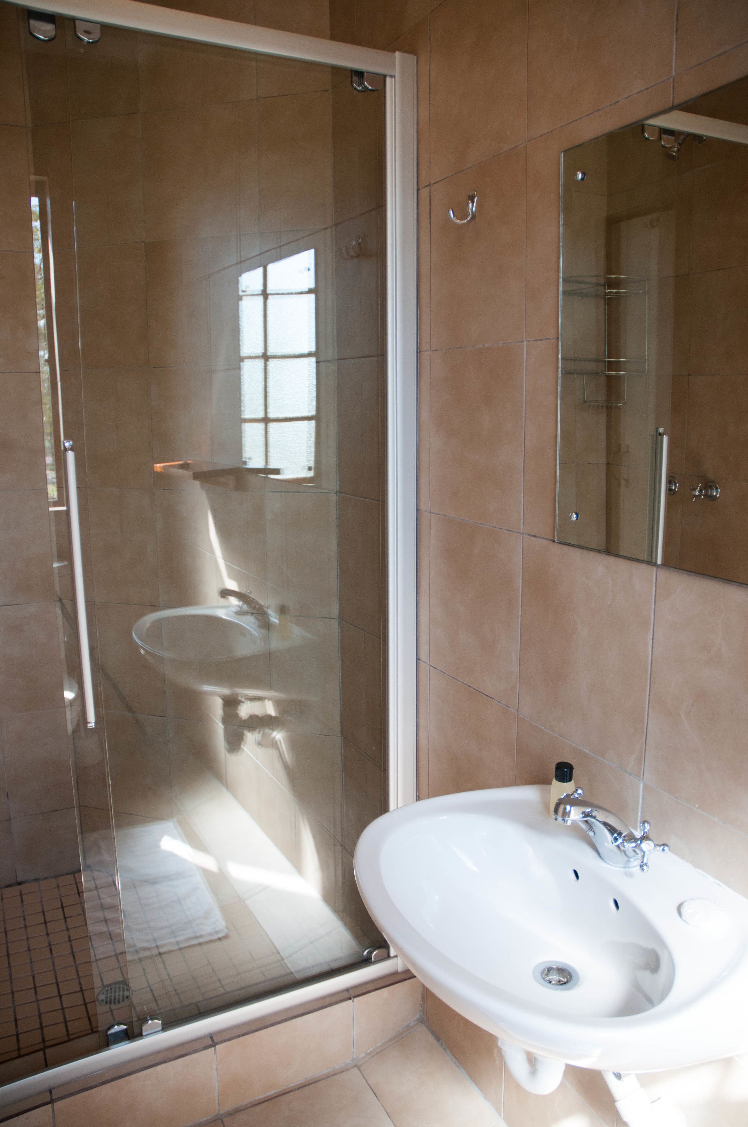 A modern bathroom with a glass-enclosed shower, a white sink, and a large mirror.