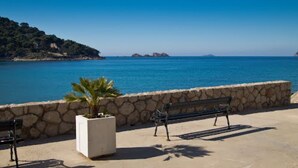A coastal walkway with a stone wall, a palm tree planter, and two benches. - Anna Guesthouse (Dubrovnik)