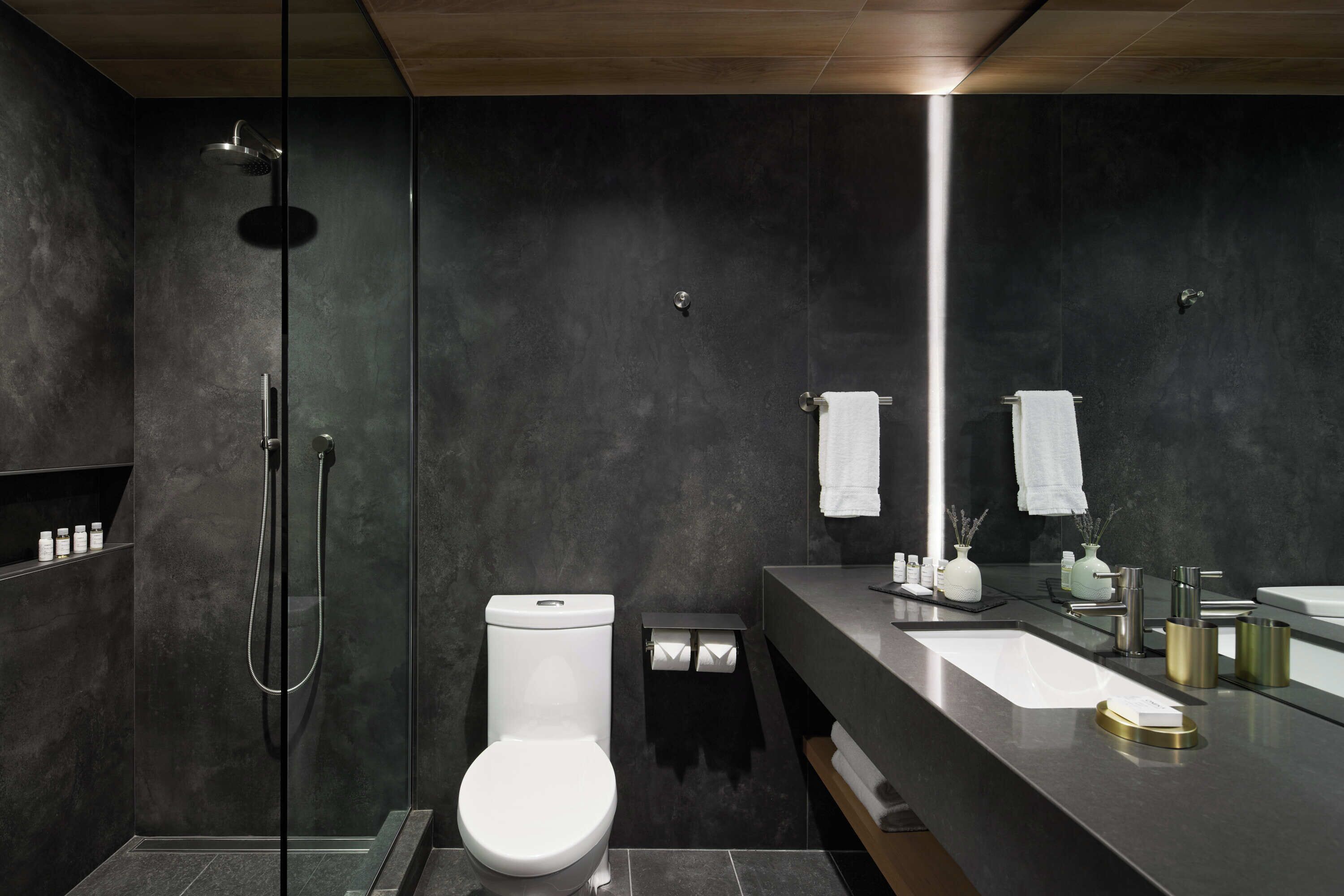 rainfall showerhead, free toiletries, hair dryer, bathrobes