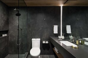 Een regendouche, gratis toiletartikelen, een haardroger, badjassen