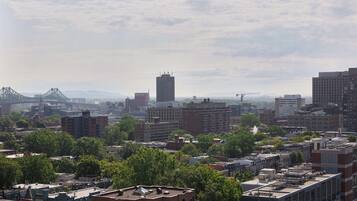 Une vue urbaine avec différents bâtiments, dont un pont imposant en arrière-plan.