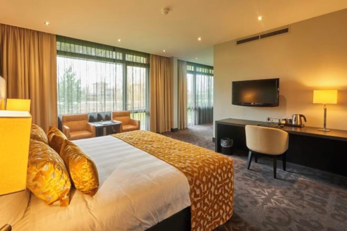 A hotel room with a bed, a desk, a chair, a TV, and large windows.