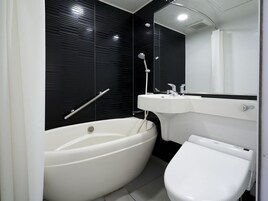 Combined shower/tub, hair dryer, slippers, bidet