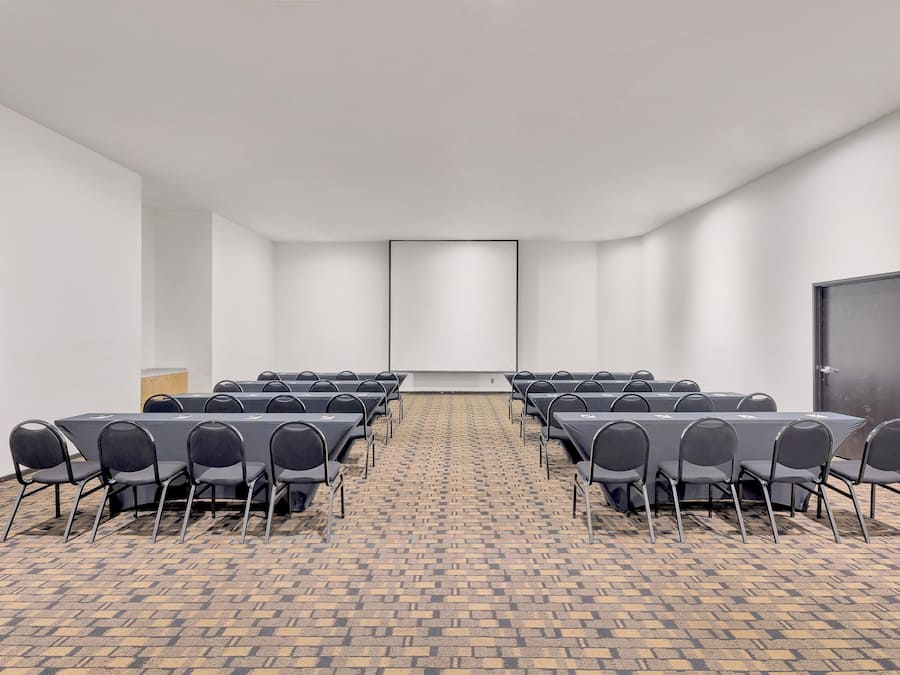 Ein Konferenzraum mit Teppichboden, einer Projektionsleinwand und Reihen von Stühlen.