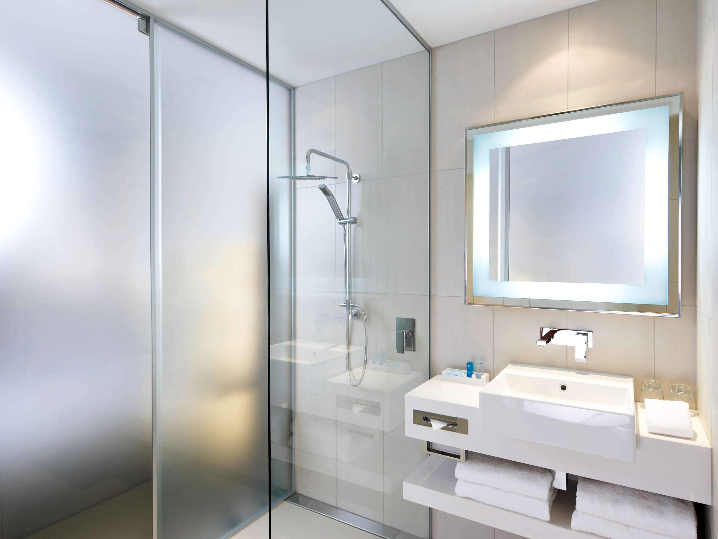 A modern bathroom with a glass shower enclosure, a white sink, and a large mirror.