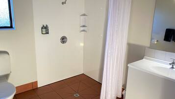 A bathroom with a toilet, sink, shower, and a mirror.