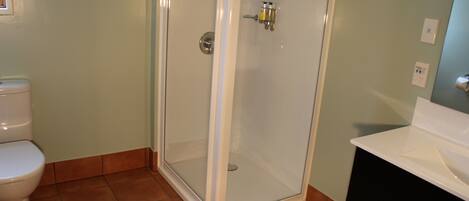 Un baño con cabina de ducha de vidrio, inodoro y lavamanos blancos.