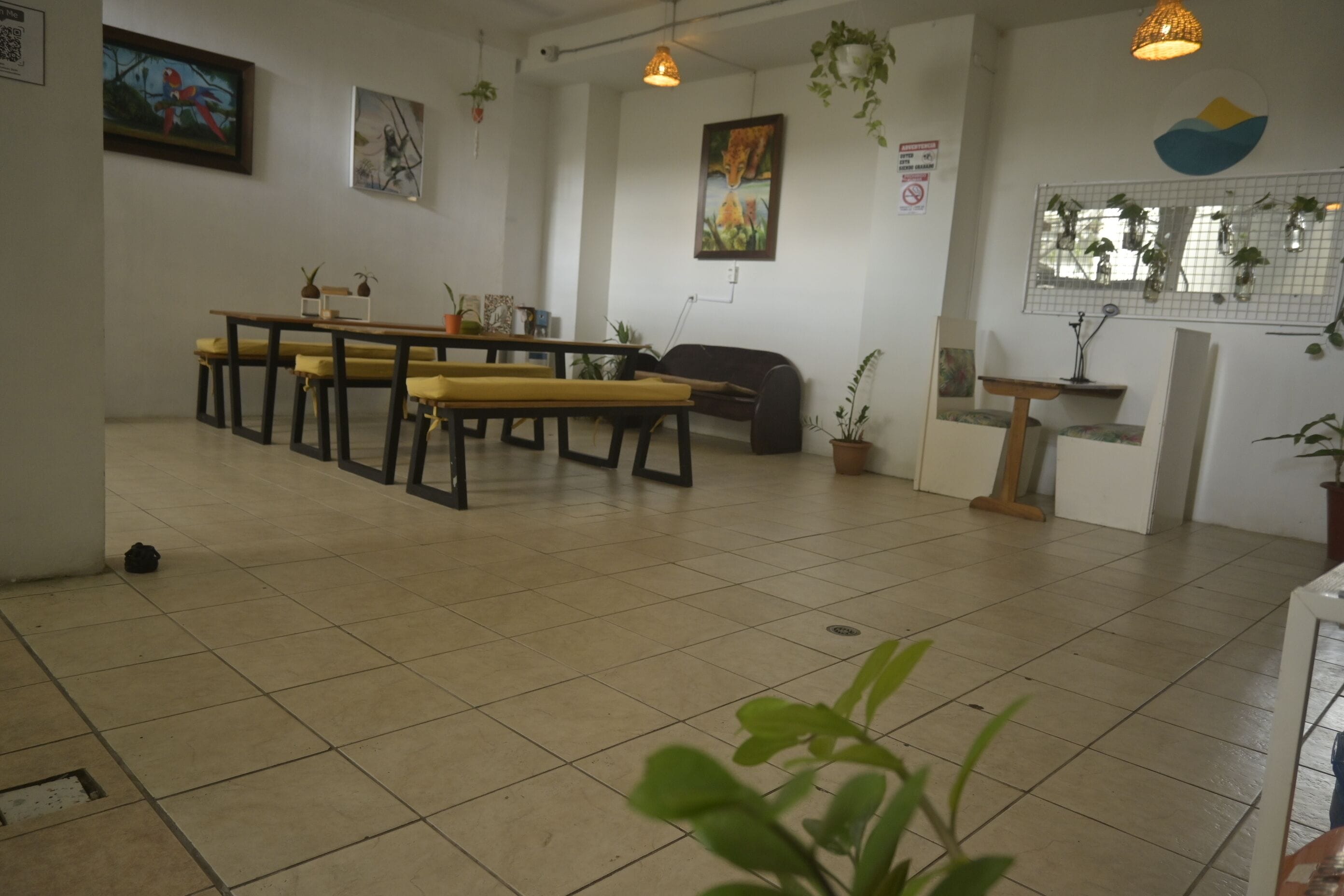 A spacious room with a tiled floor, a dining area with yellow chairs and a wooden table, and several potted plants.