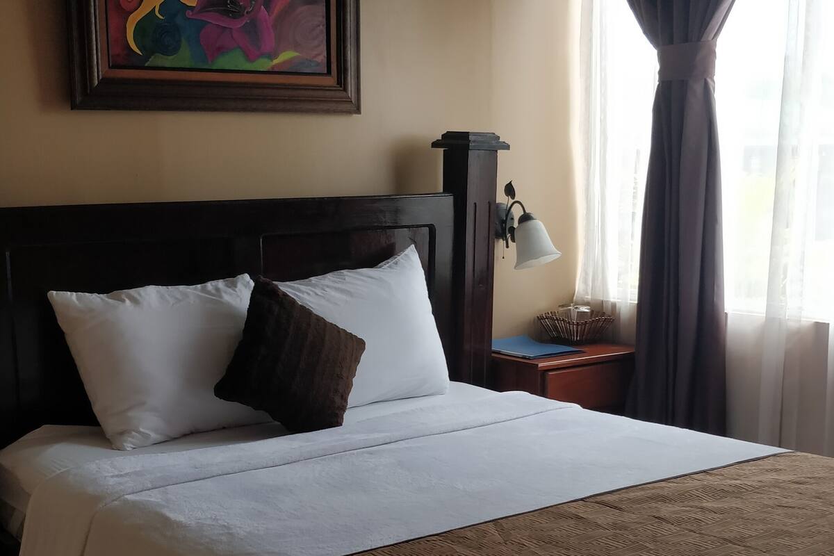 Una cama bien hecha con una colcha estampada, una mesita de noche con lámpara, un cuadro en la pared y una ventana con cortinas.