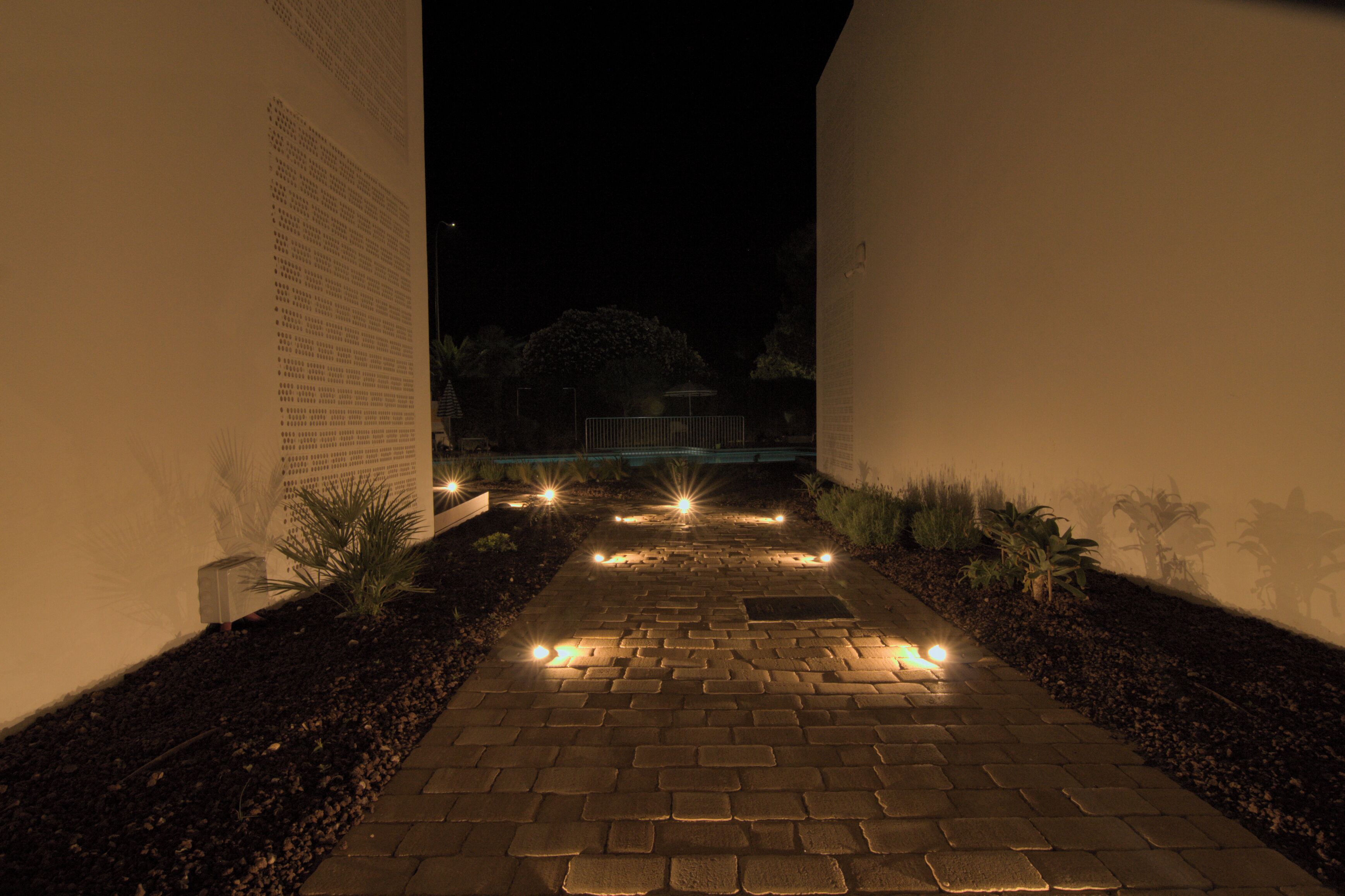 Un sentiero notturno illuminato da luci regolarmente distanziate, con pareti laterali decorate da scritte e piante.