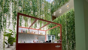 A bar area with a red frame, shelves with bottles, and a computer.