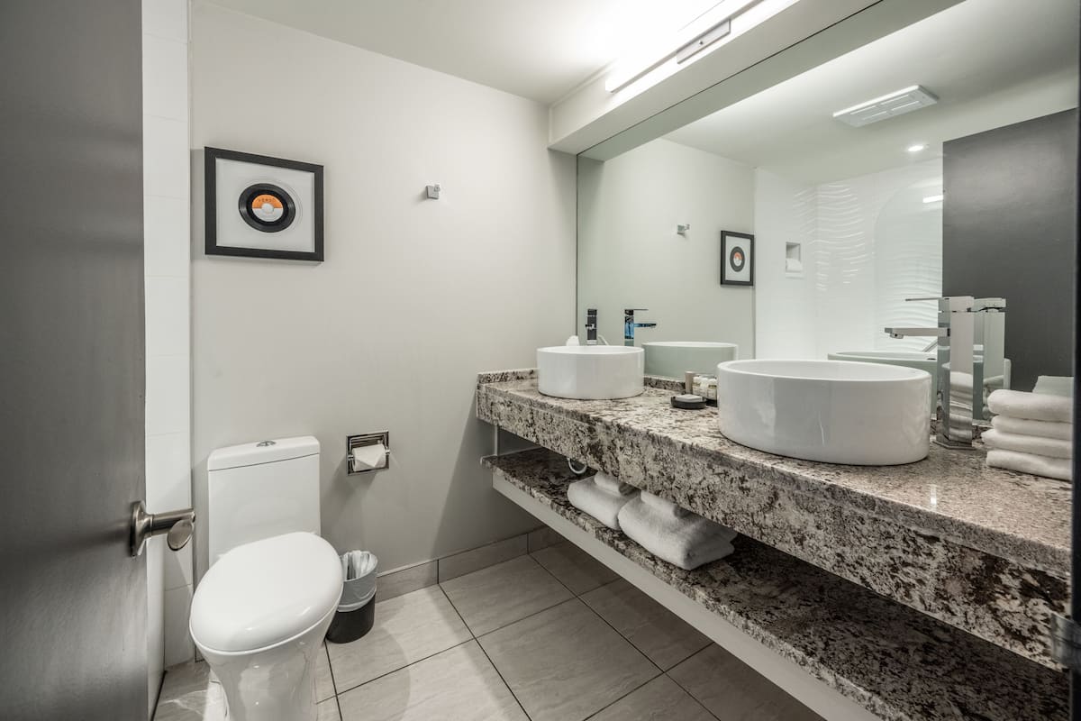 duo | bathroom | shower, rainfall showerhead, designer toiletries, hair dryer