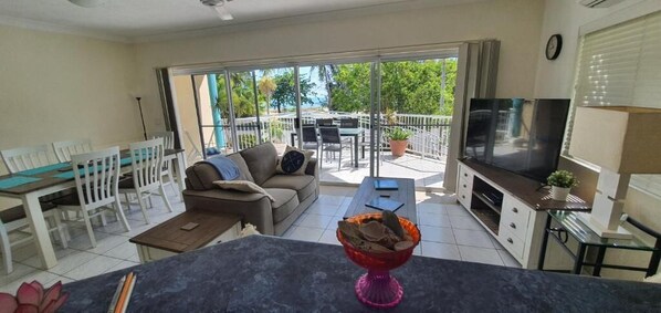 40-inch flat-screen TV with digital channels, TV, DVD player