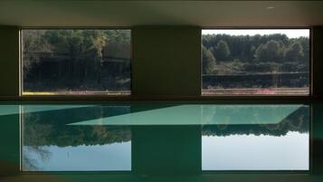 Una stanza con una grande piscina vuota e due finestre che si affacciano su una zona boschiva.