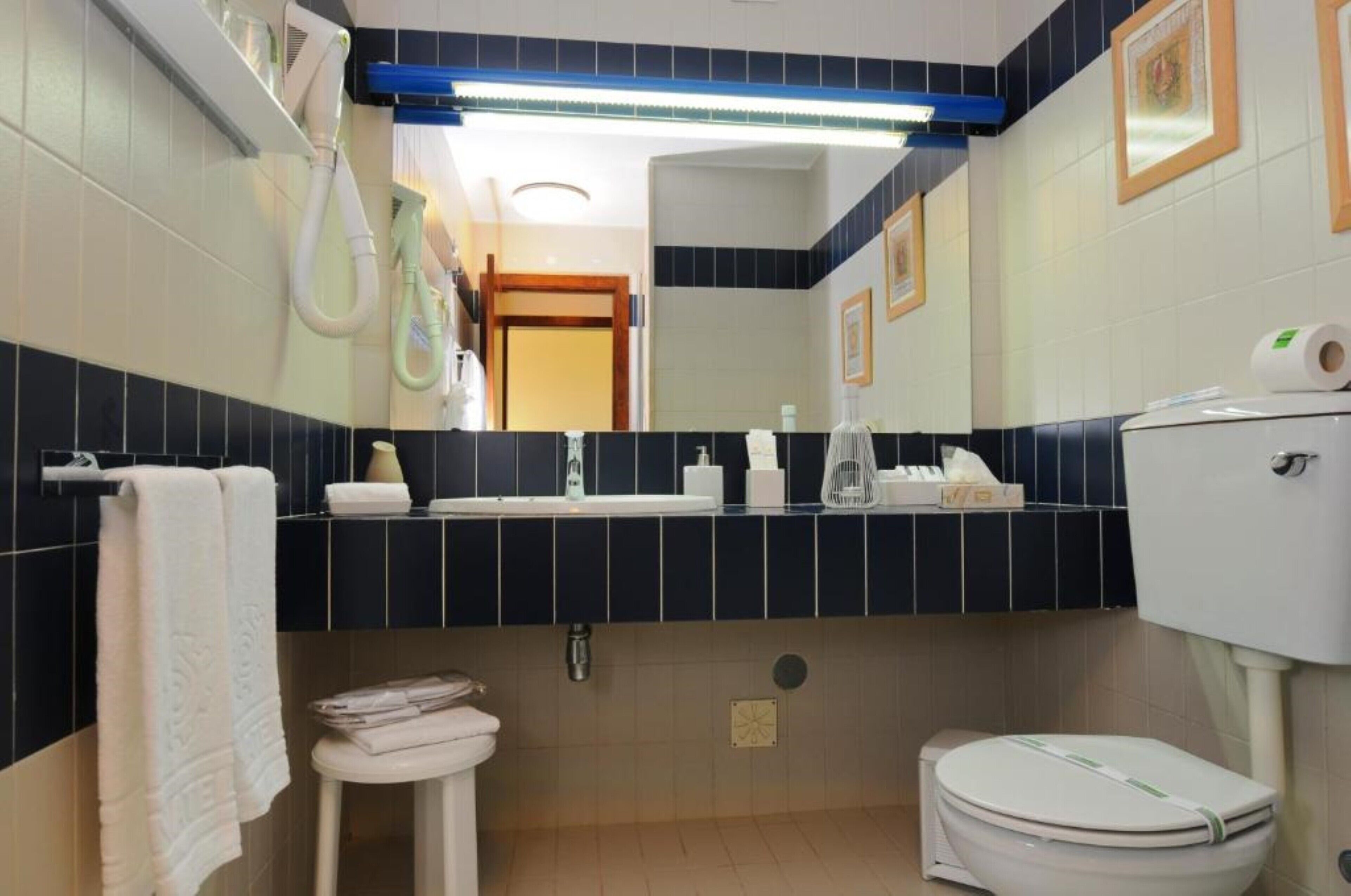 free toiletries, hair dryer, towels