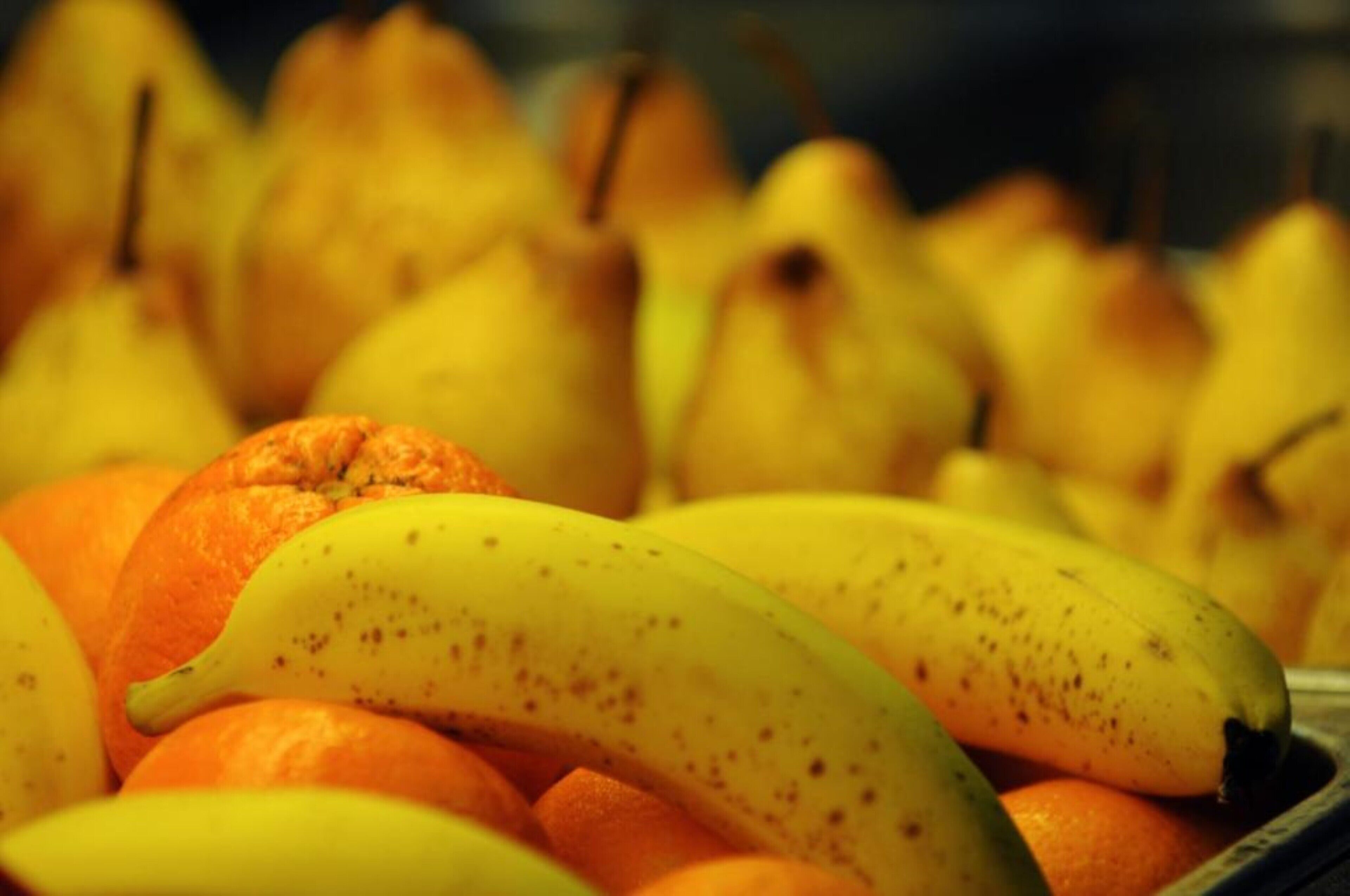A close-up of a fruit display with bananas and oranges.