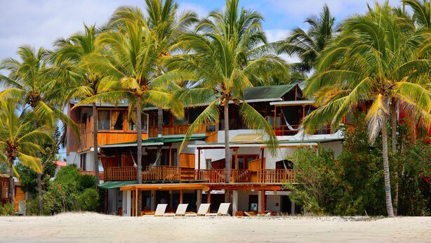 Un hotel frente a la playa con varios balcones, una playa de arena y palmeras.