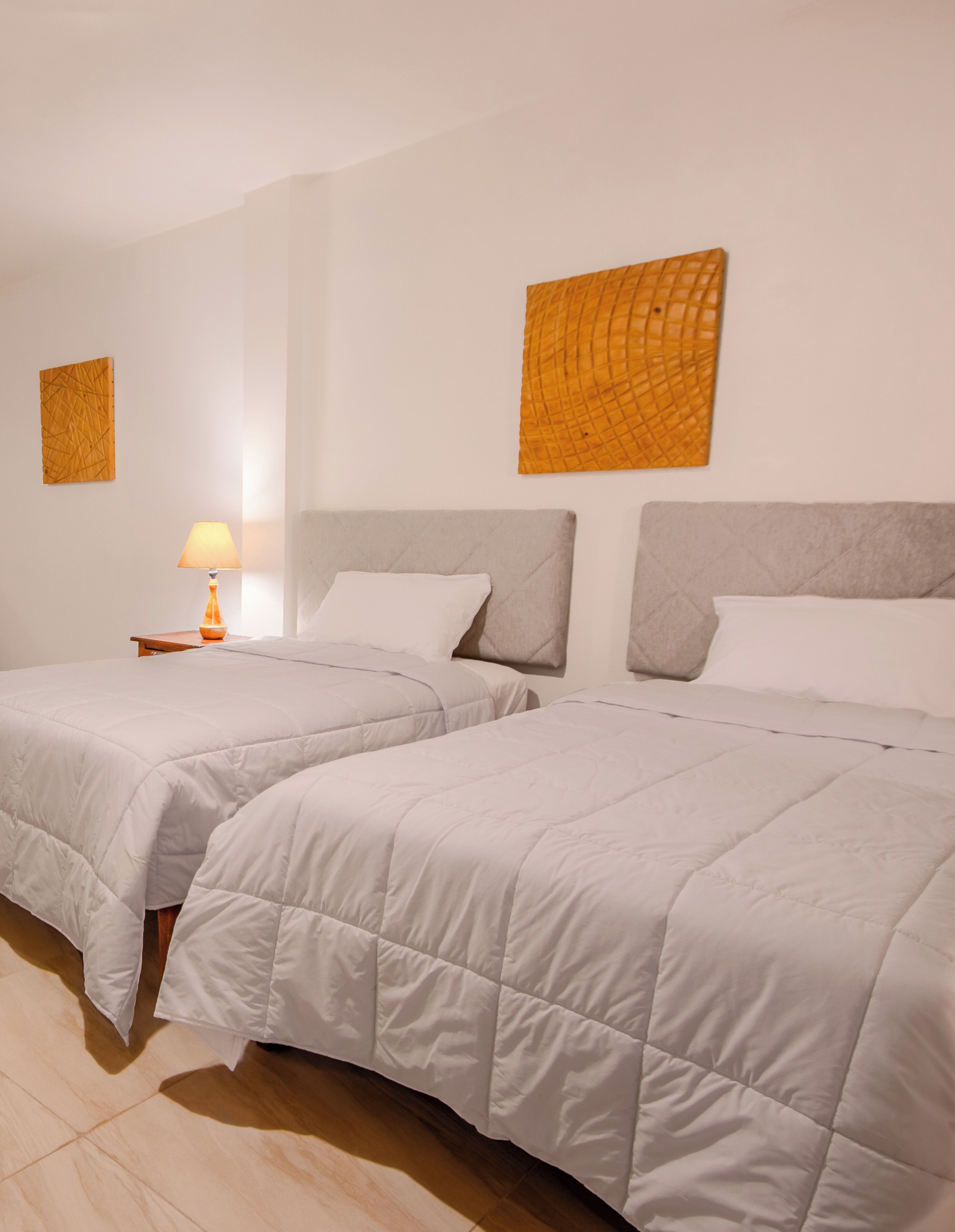 2 twin beds garden view | 1 bedroom, frette italian sheets, premium bedding, down duvets