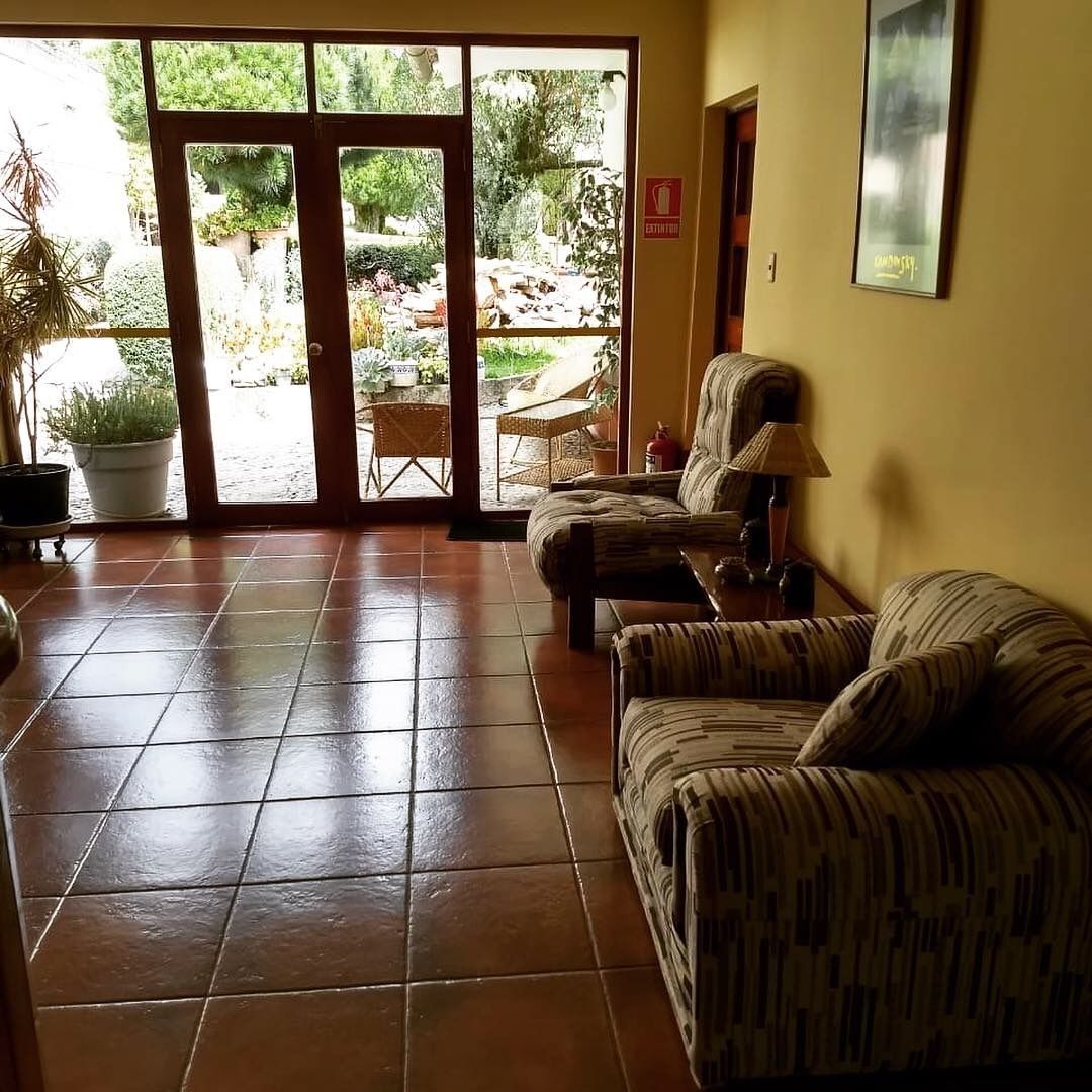 A room with a patterned sofa, a small table with a lamp, and a view of an outdoor garden through a glass door.