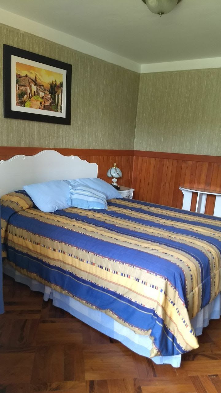 A bedroom with a bed, a nightstand, a framed picture on the wall, and a wooden headboard.