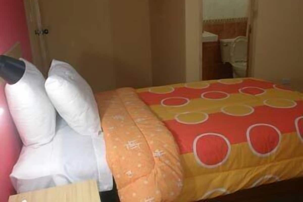 A bedroom with a bed, pillows, and a patterned bedspread.
