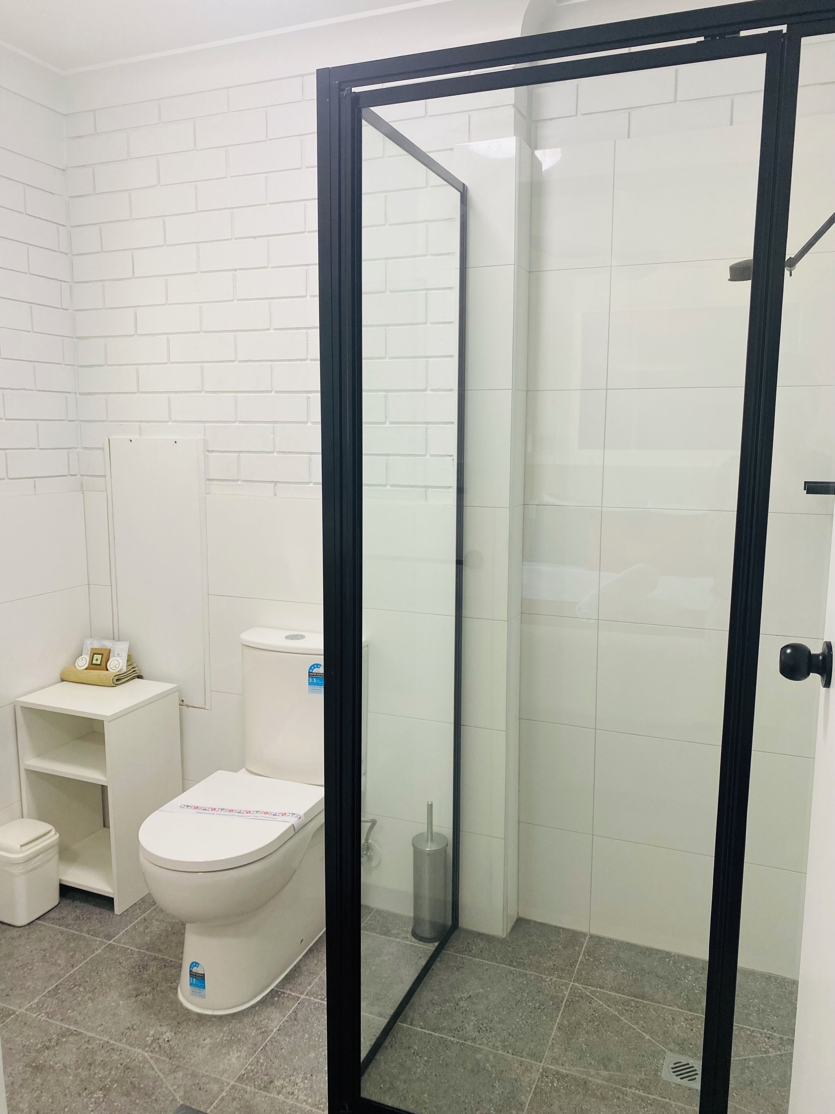 A bathroom with a white toilet, a small shelf with toiletries, and a glass shower enclosure.