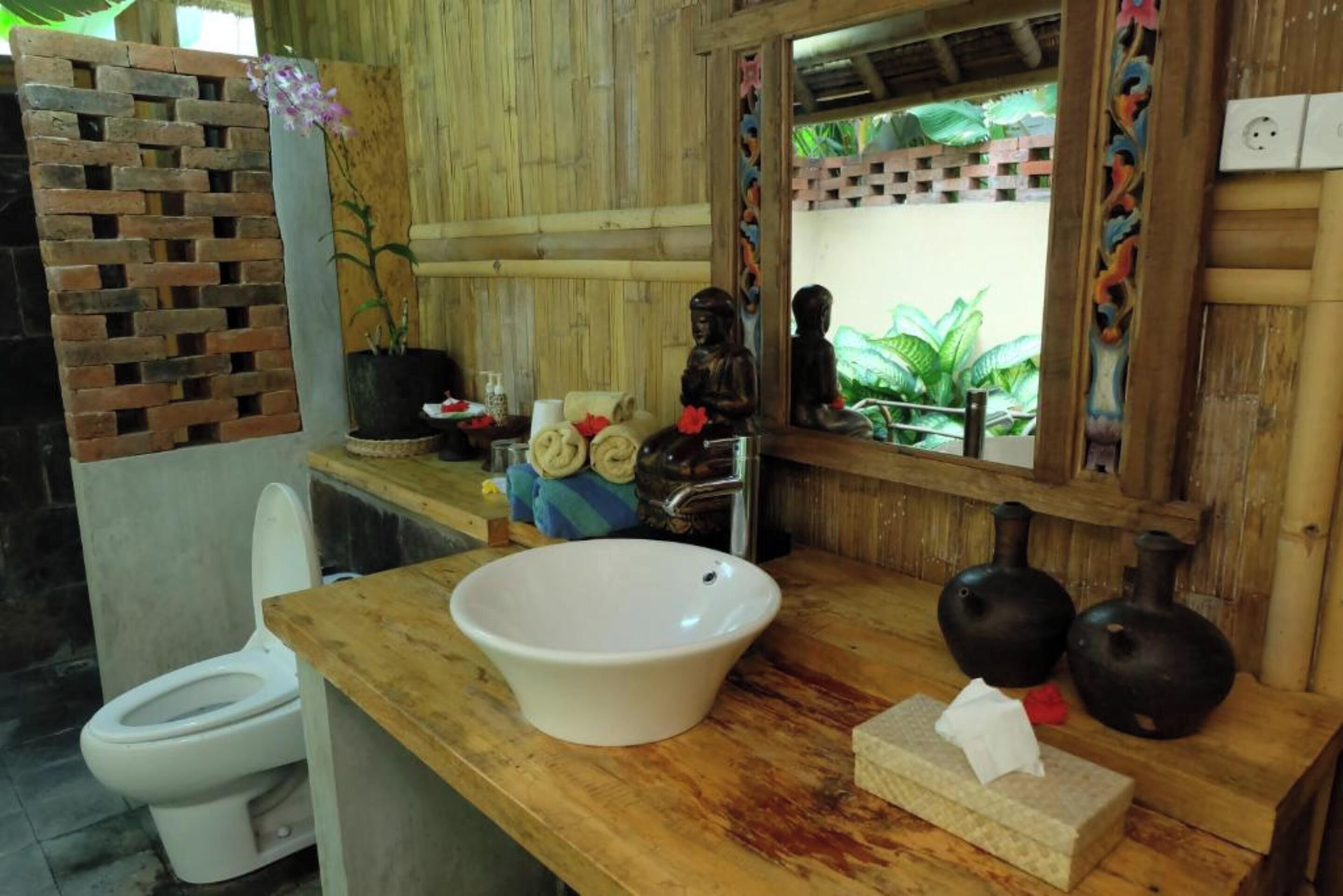 A bathroom with a wooden vanity, a white sink, and a mirror. There is a toilet to the left and a small potted plant on the vanity.